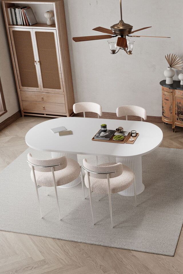 Tual Beyaz Bohem Ayak 80x180 Mutfak Masa Sandalye Takımı