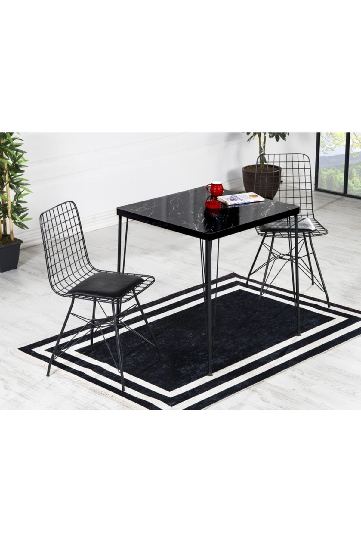 Ekru 2 Kişilik Yemek Masası Takımı-mutfak Masası Takımı-siyah Mermer Görünümlü 70x70 Oval Kenar