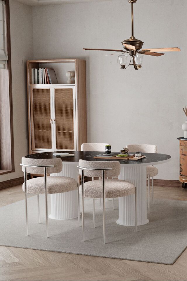 Daici Beyaz Bohem Ayak 80x160 Mutfak Masa Teddy Sandalye Takımı