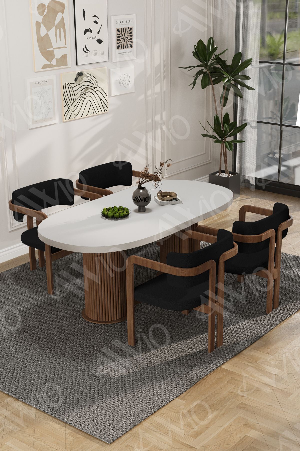 White Serisi Bohem Ayak 4'lü Tokyo Metal Demonte Sandalye 80x140 Masa Sandalye Takımı Beyaz  Masa Sandalye Kahve Kumaş Siyah - 80X140