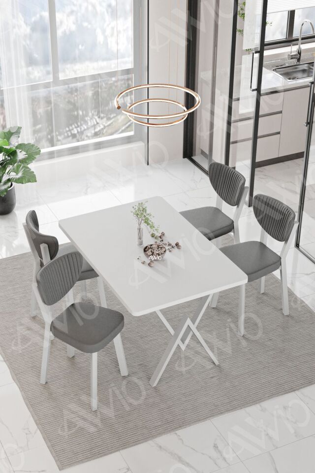 Lionel Beyaz Elma Sandalye 80x120 Yemek Masası Mutfak Masası 4 Kişilik Masa Sandalye Takımı