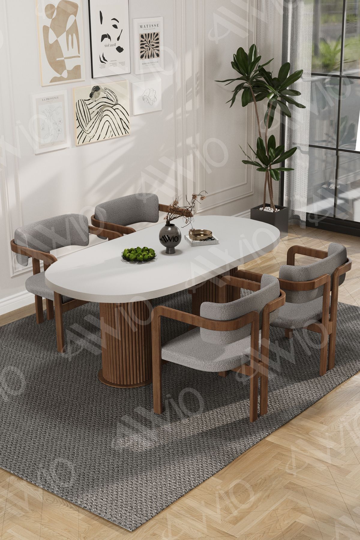 White Serisi Bohem Ayak 4'lü Tokyo Metal Demonte Sandalye 80x140 Masa Sandalye Takımı Beyaz Masa Sandalye Kahve Kumaş Gri - 80X140