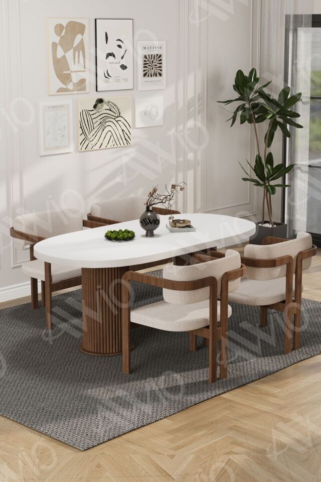 White Serisi Bohem Ayak 4'lü Tokyo Metal Demonte Sandalye 80x140 Masa Sandalye Takımı Beyaz  Masa Sandalye Kahve Kumaş Krem - 80X140