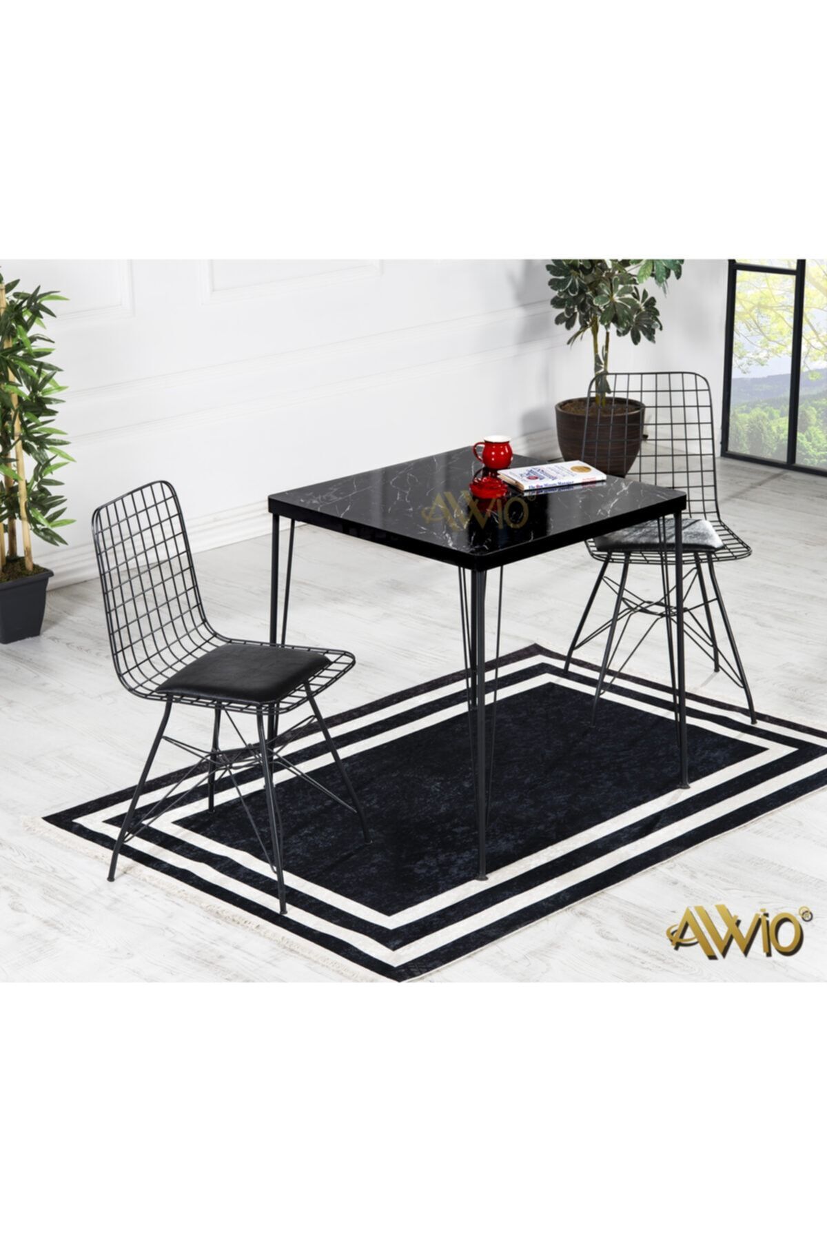 Avvio 70x70 Helena 2 Kişilik Yemek Masası Takımı-mutfak Masası Takımı-siyah Mermer Görünümlü Oval Kenar