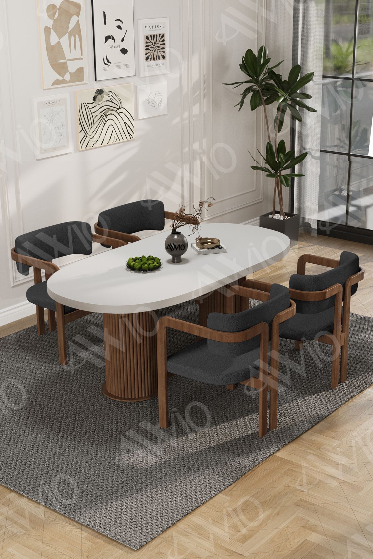 White Serisi Bohem Ayak 4'lü Tokyo Metal Demonte Sandalye 80x140 Masa Sandalye Takımı Beyaz  Masa Sandalye Kahve Kumaş Antrasit Gri - 80X140