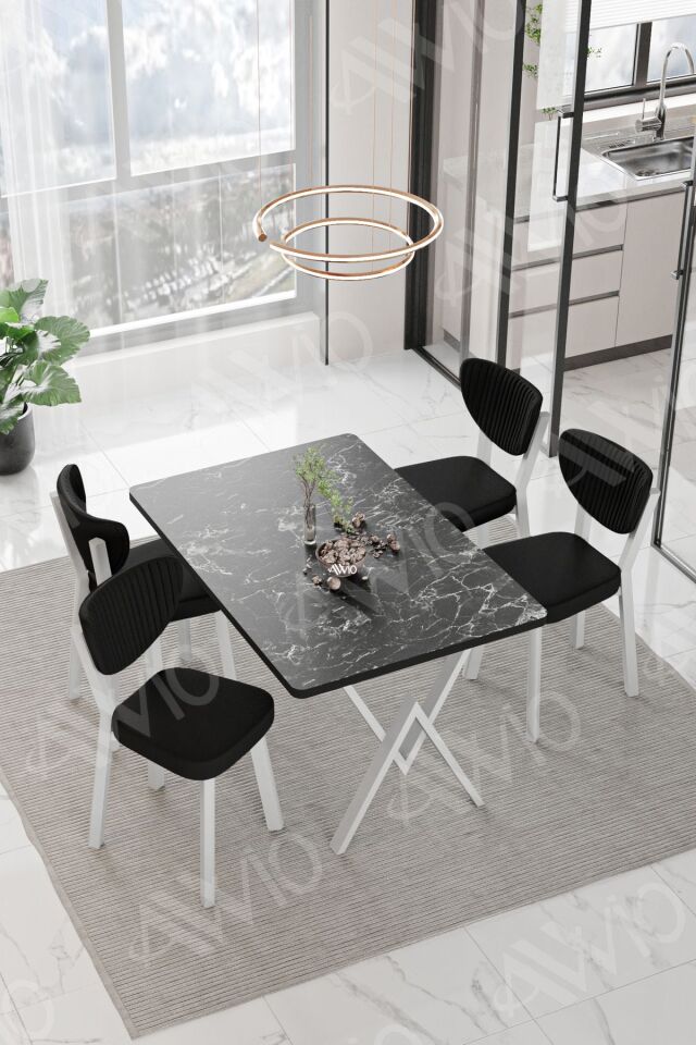 Senta Beyaz Elma Sandalye 80x120 Yemek Masası Mutfak Masası 4 Kişilik Masa Sandalye Takımı