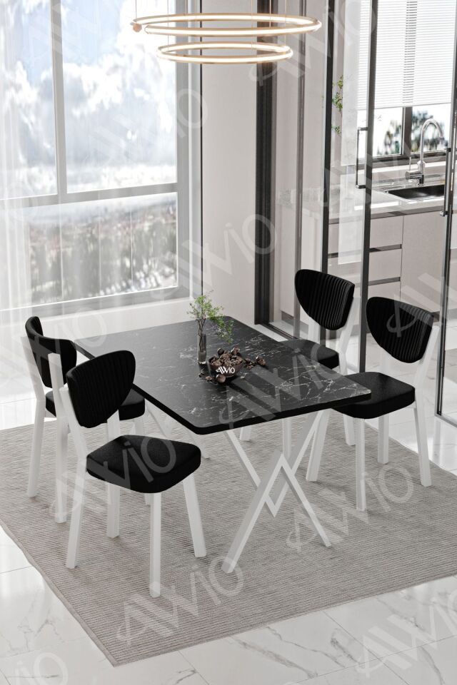 Senta Beyaz Elma Sandalye 80x120 Yemek Masası Mutfak Masası 4 Kişilik Masa Sandalye Takımı