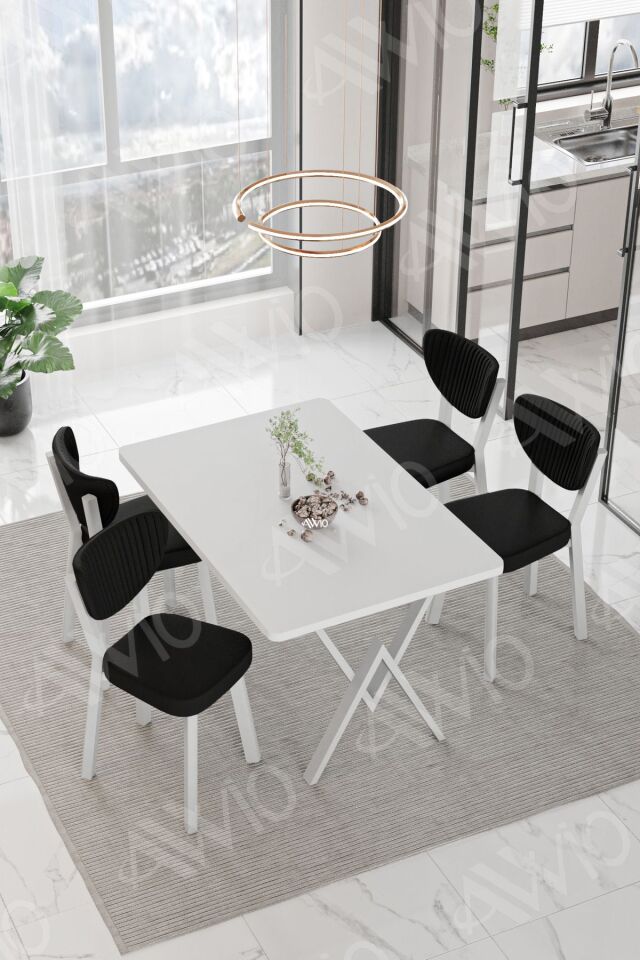 Senta Beyaz Elma Sandalye 80x120 Yemek Masası Mutfak Masası 4 Kişilik Masa Sandalye Takımı