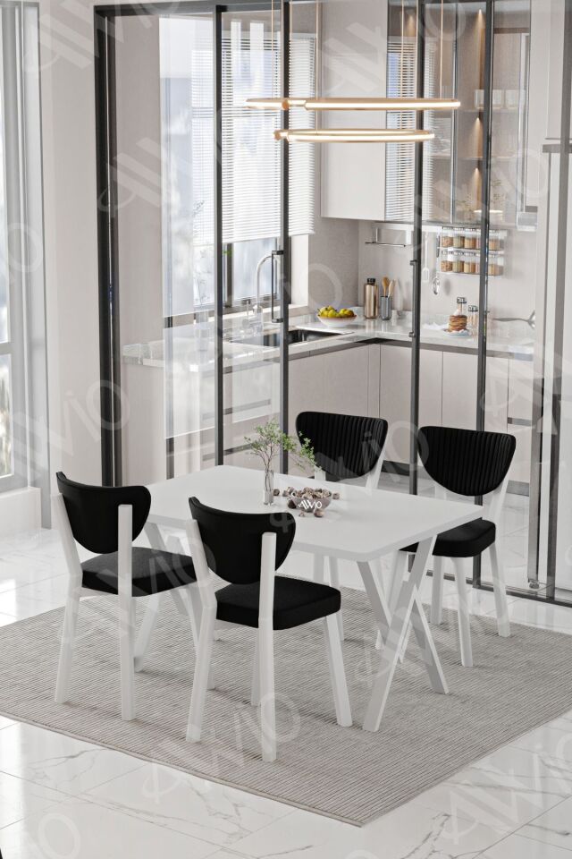 Senta Beyaz Elma Sandalye 80x120 Yemek Masası Mutfak Masası 4 Kişilik Masa Sandalye Takımı