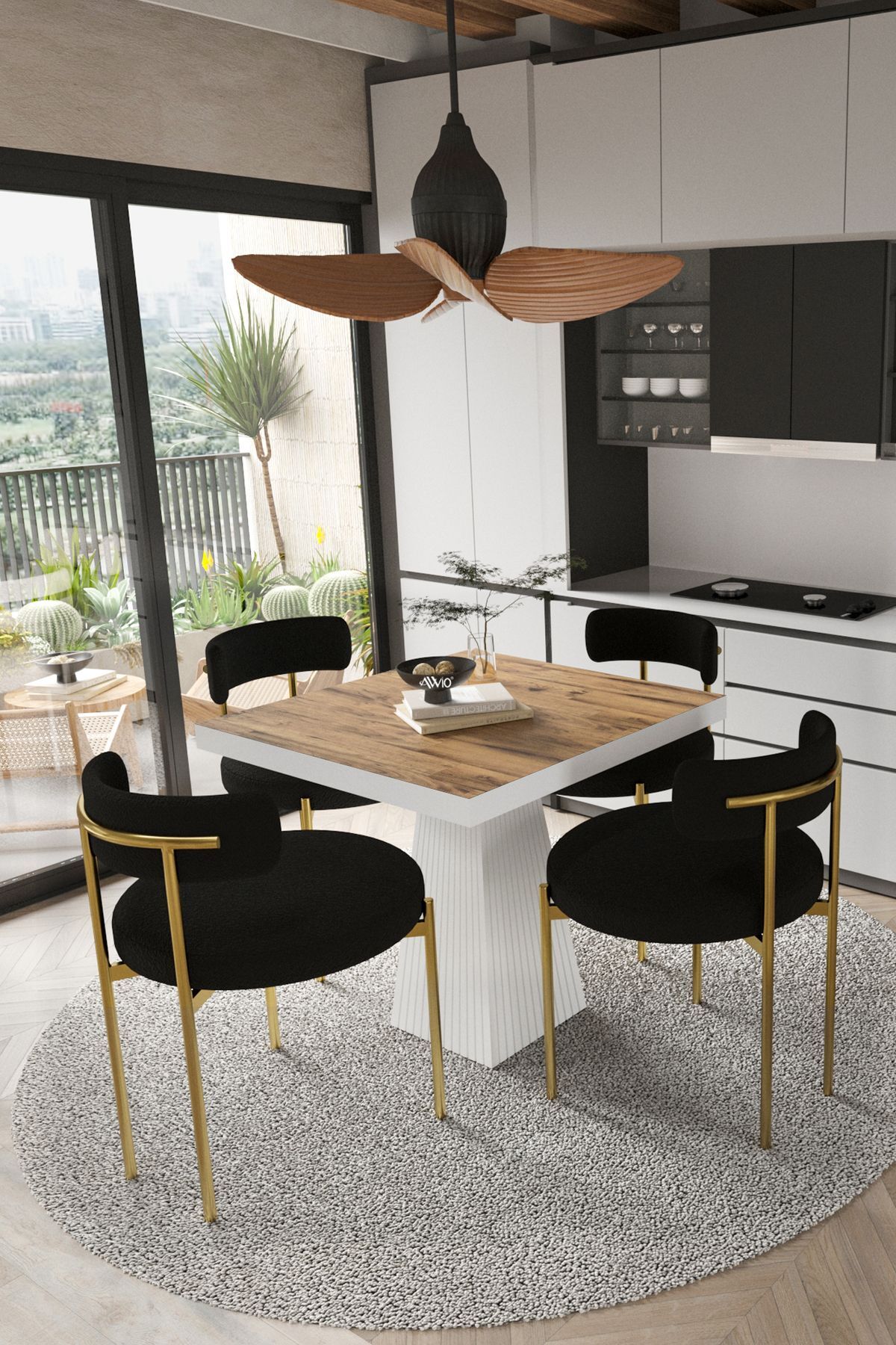 ARONA  Beyaz Lake MDF Ayak  90x90 Yemek Masası Mutfak Masası 4 Kişilik Masa Takımı Teddy Sandalye