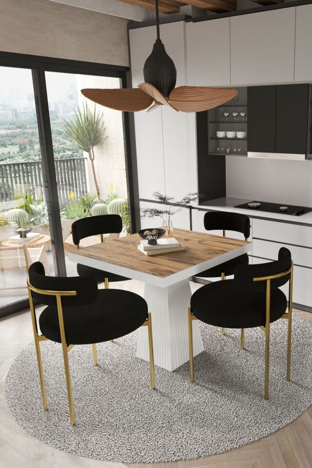 ARONA  Beyaz Lake MDF Ayak  90x90 Yemek Masası Mutfak Masası 4 Kişilik Masa Takımı Teddy Sandalye