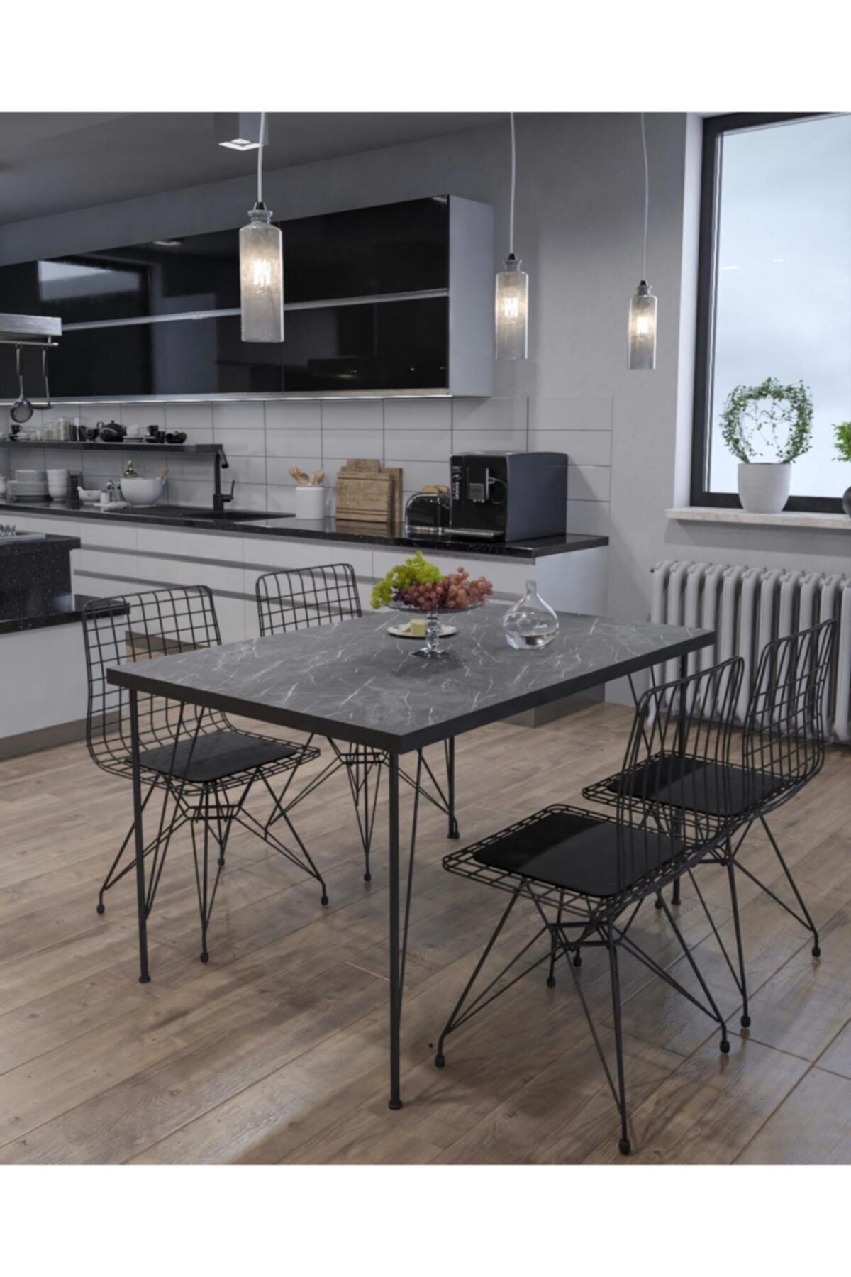 Avvio 80x120 Berra 4 Kişilik Yemek Masası Takımı-mutfak Masası Takımı-siyah Mermer Desenli Oval Kenar