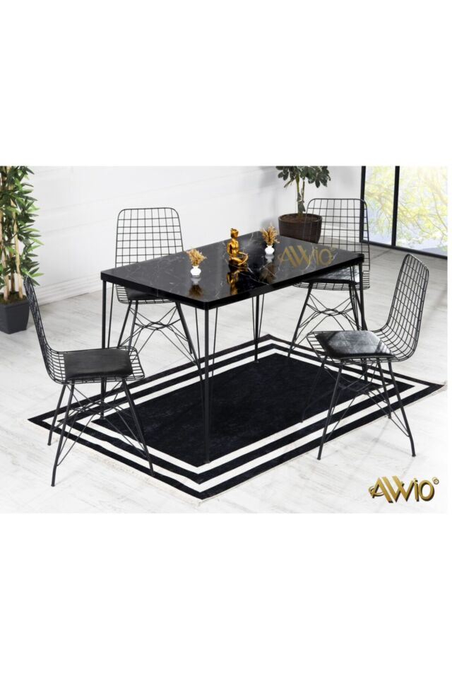 Avvio 80x120 Berra 4 Kişilik Yemek Masası Takımı Mutfak Masası Takımı Siyah Mermer Desenli Oval Kenar
