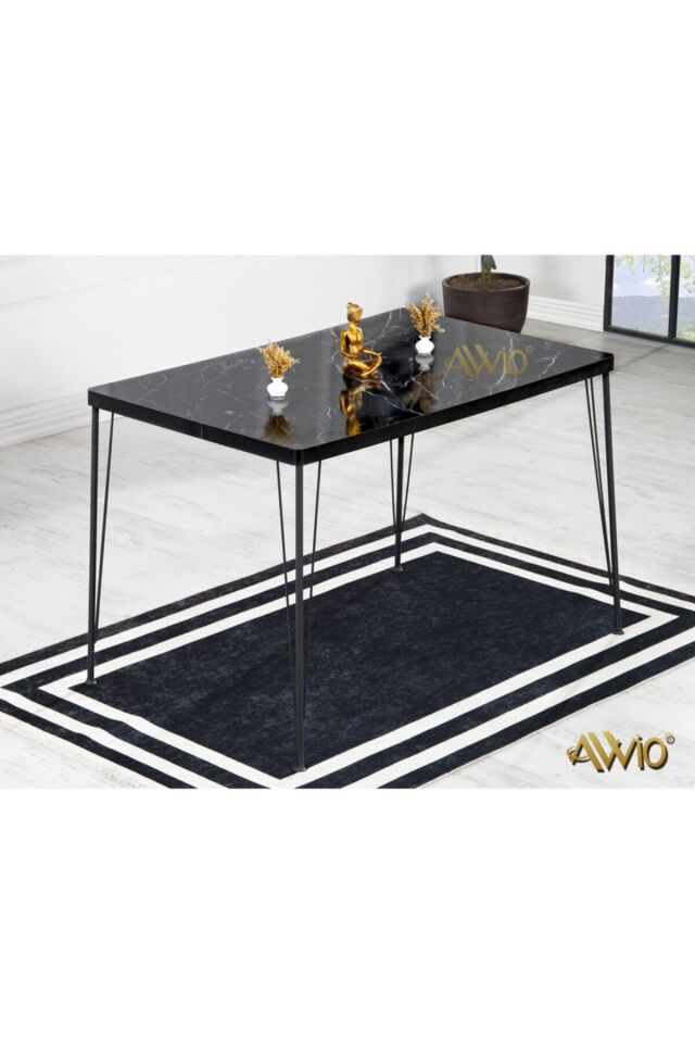 Avvio 80x120 Berra 4 Kişilik Yemek Masası Takımı Mutfak Masası Takımı Siyah Mermer Desenli Oval Kenar