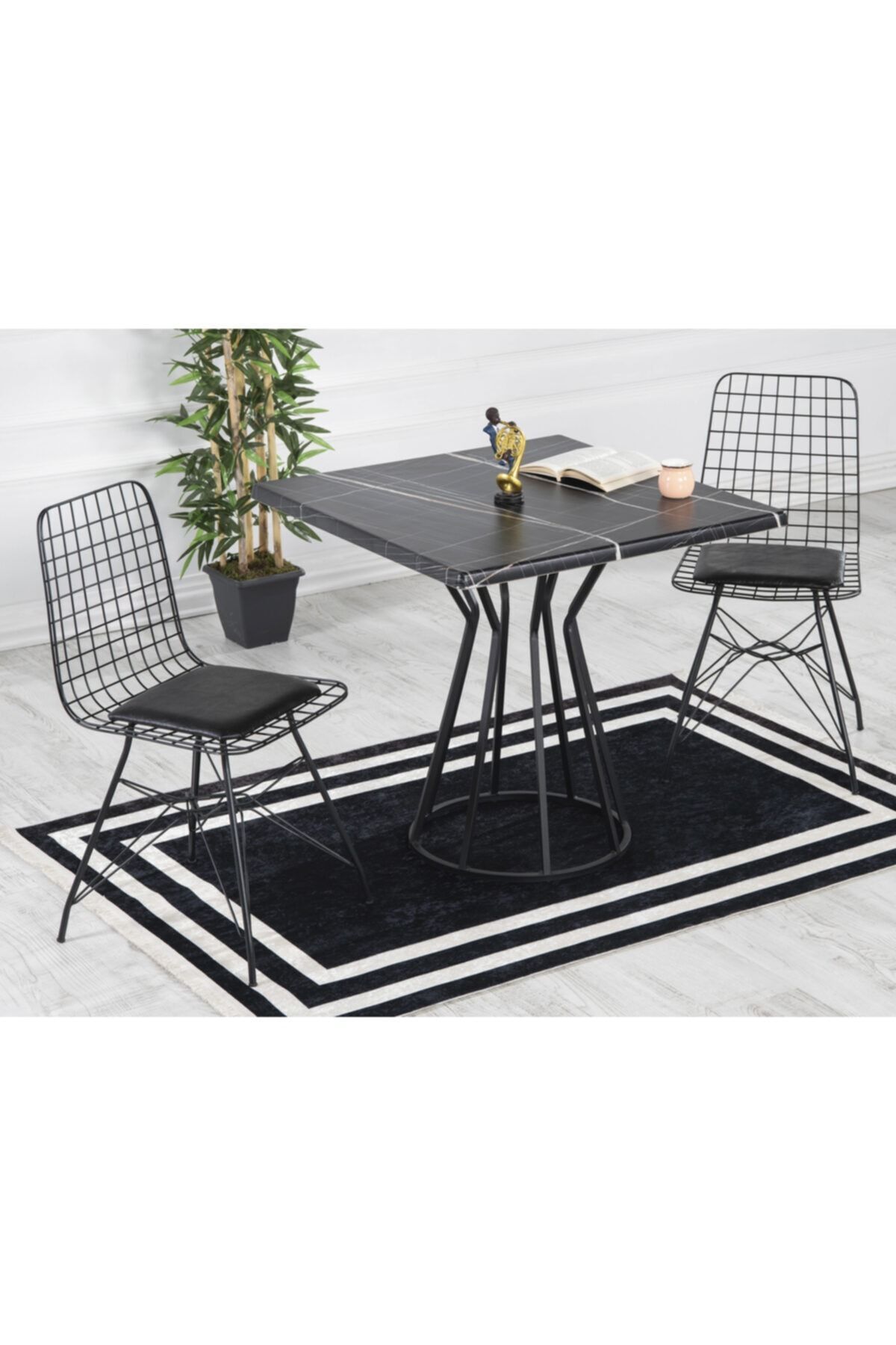 Ada 2 Kişilik 80x80 Yemek Masası Takımı-mutfak Masası Takımı Siyah Mermer