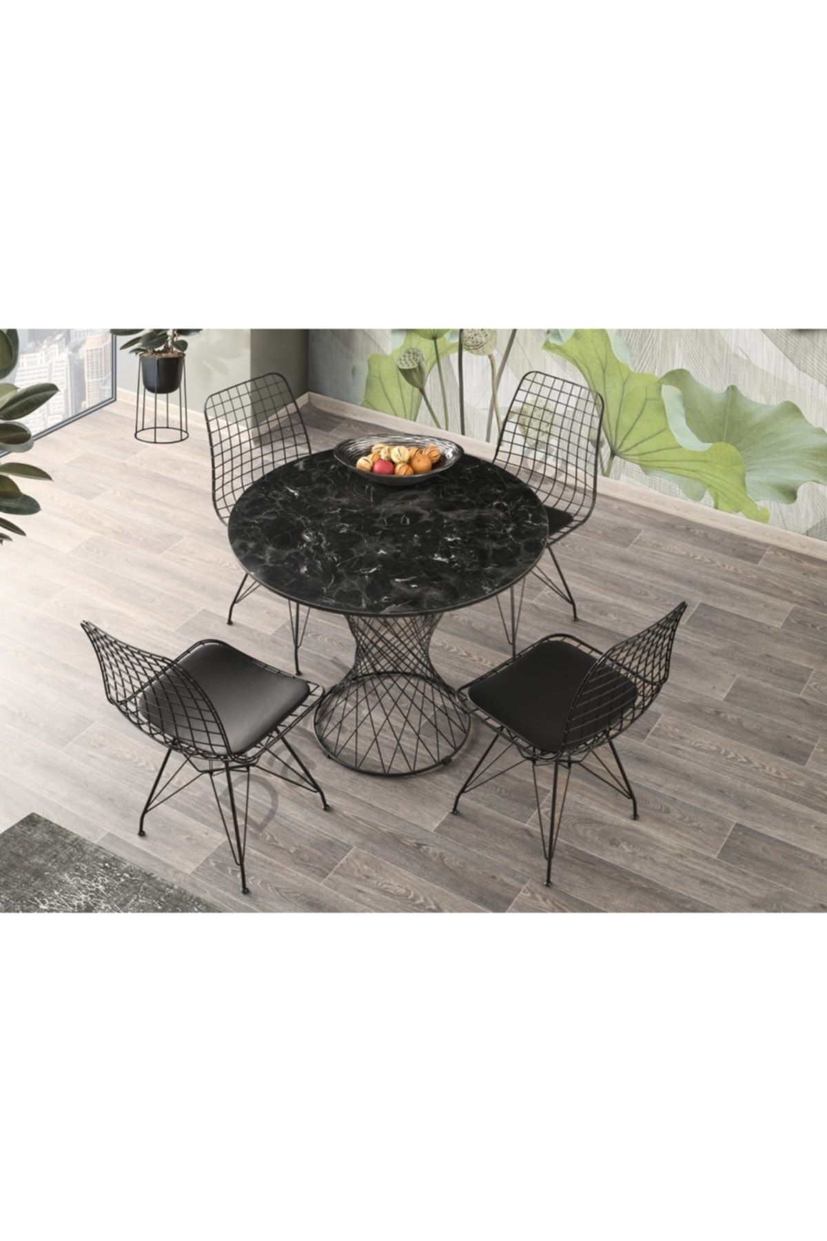 90x90 Parla Yuvarlak Yemek Masa Takım Mutfak Masa Sandalye Takımı Siyah Mermer Desenli
