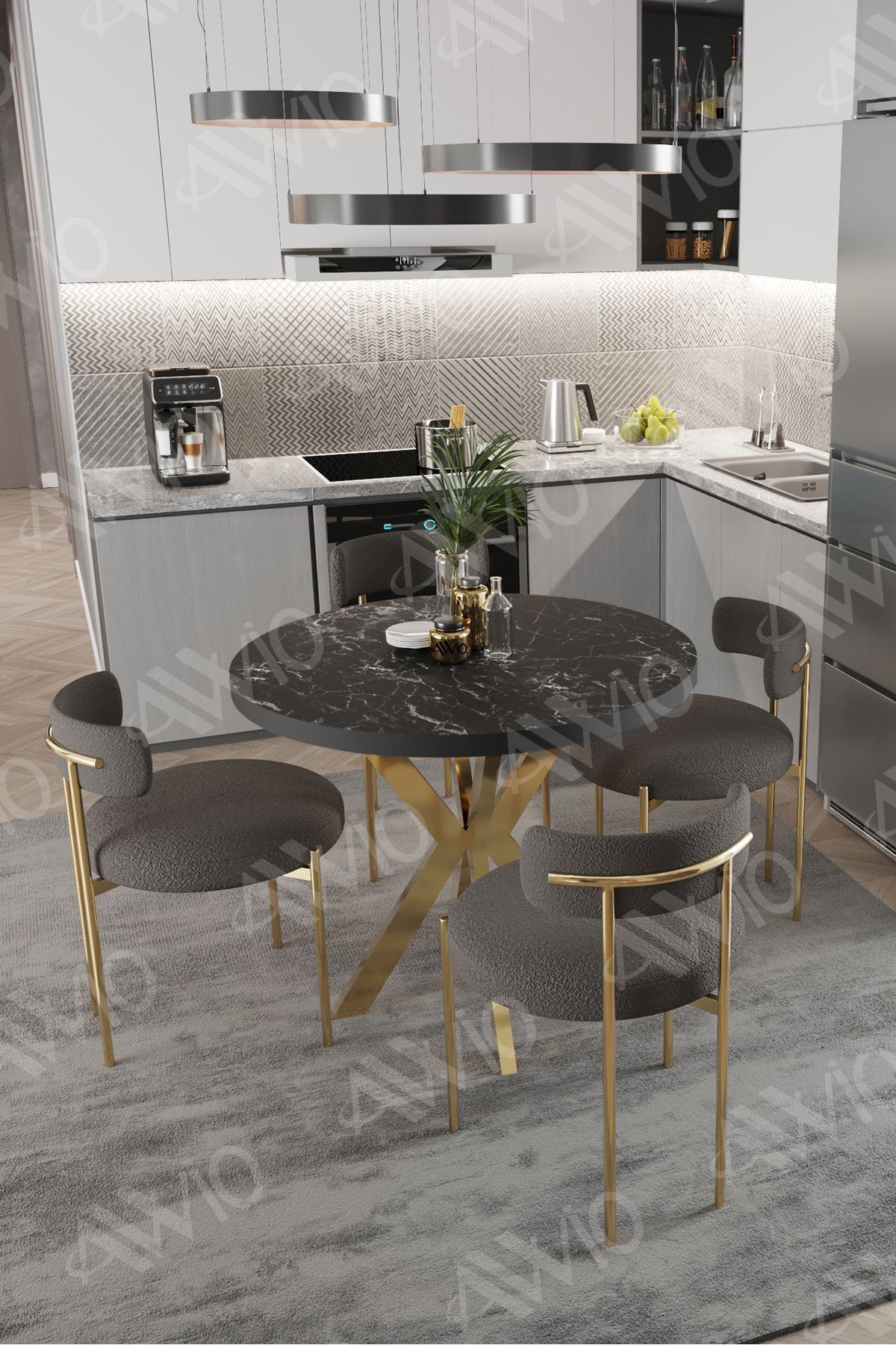 FRAME MAT GOLD Ayak 4'lü Teddy Sandalye 90X90 Masa Sandalye Takımı