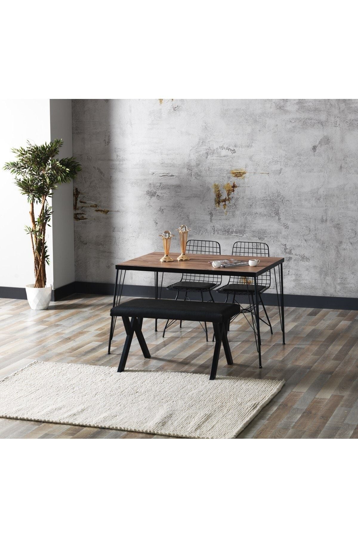 Avvio 80x120 Akçaağaç Görünümlü Metal Ayaklı Mutfak Masası Ve Bench Takımı