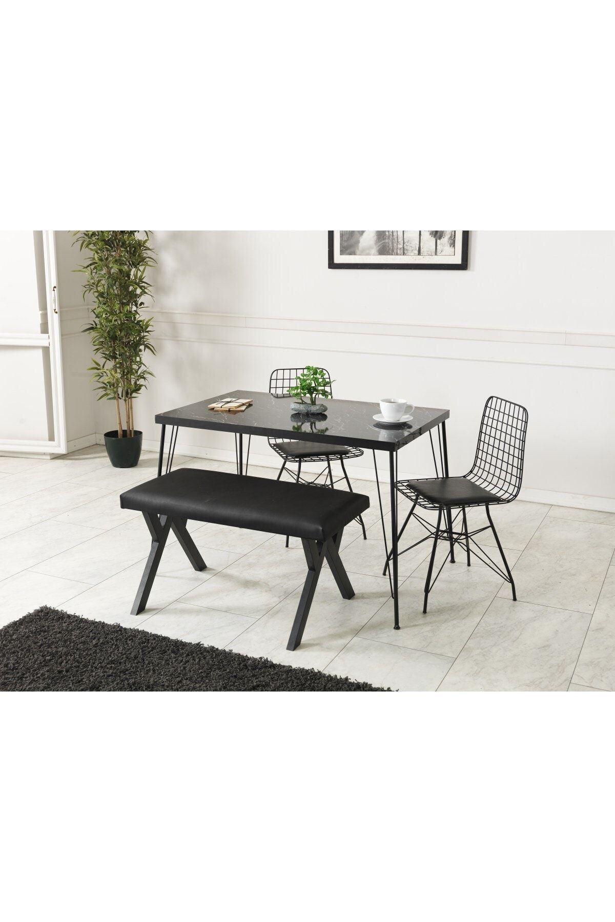Avvio 80x120 Asya Siyah Mermer Görünümlü Metal Ayaklı Mutfak Masası Ve Bench Takımı