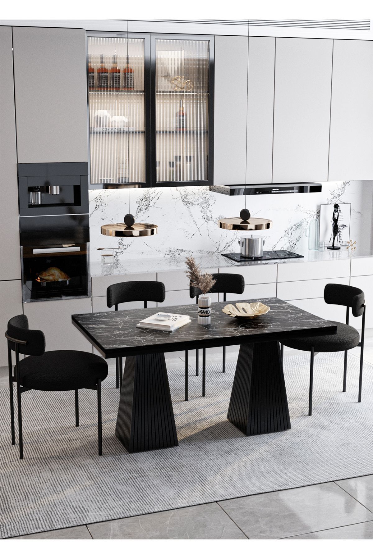 Frame Lake Mdf Ayak Teddy Sandalye 80x140 Yemek Masası Mutfak Masası 4 Kişilik Masa Sandalye Takım