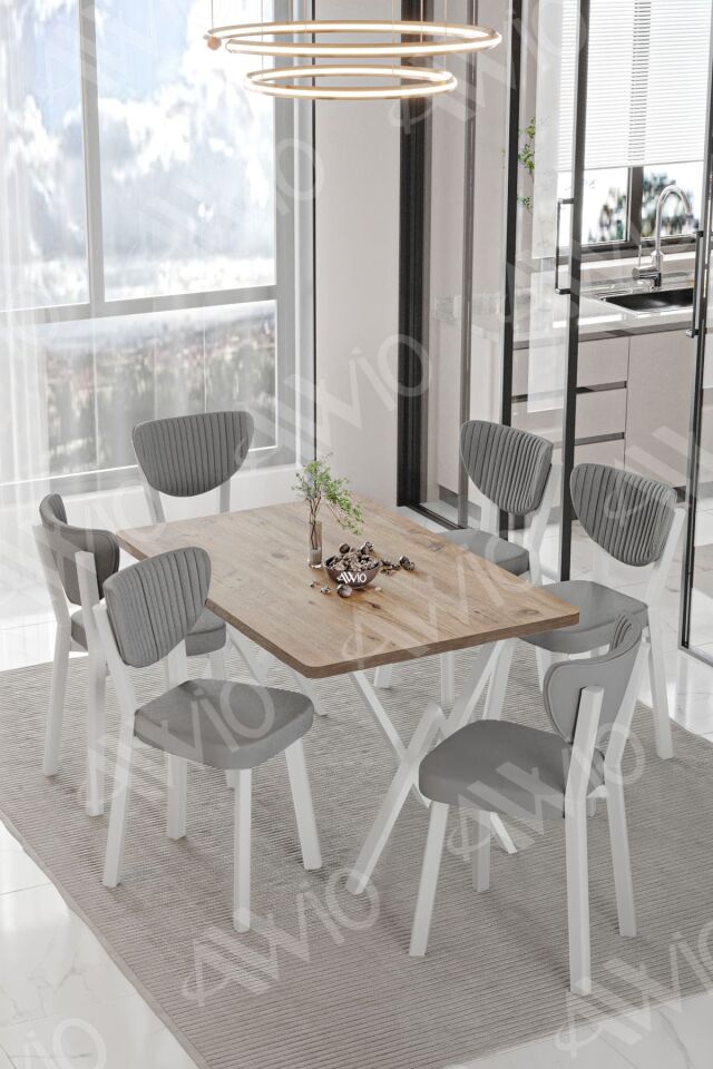 ALİZE ELMA Sandalye 80x140 Yemek Masası Mutfak Masası 6 Kişilik Masa Sandalye Takım