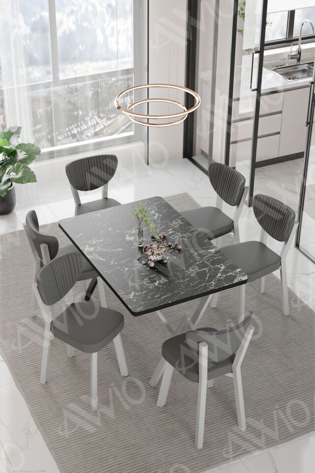 ALİZE ELMA Sandalye 80x140 Yemek Masası Mutfak Masası 6 Kişilik Masa Sandalye Takım