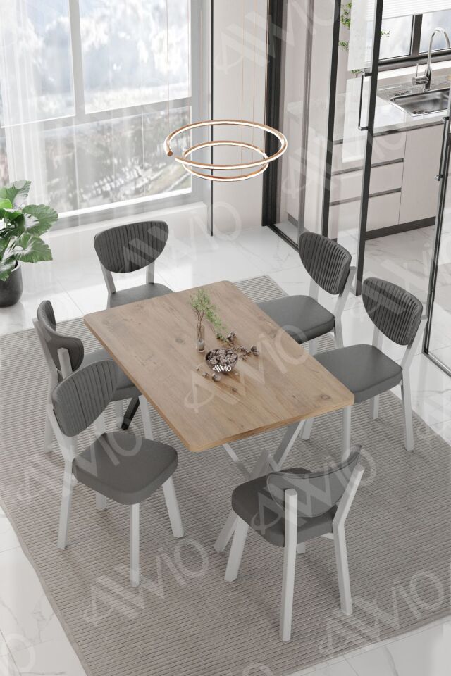 ALİZE ELMA Sandalye 80x140 Yemek Masası Mutfak Masası 6 Kişilik Masa Sandalye Takım