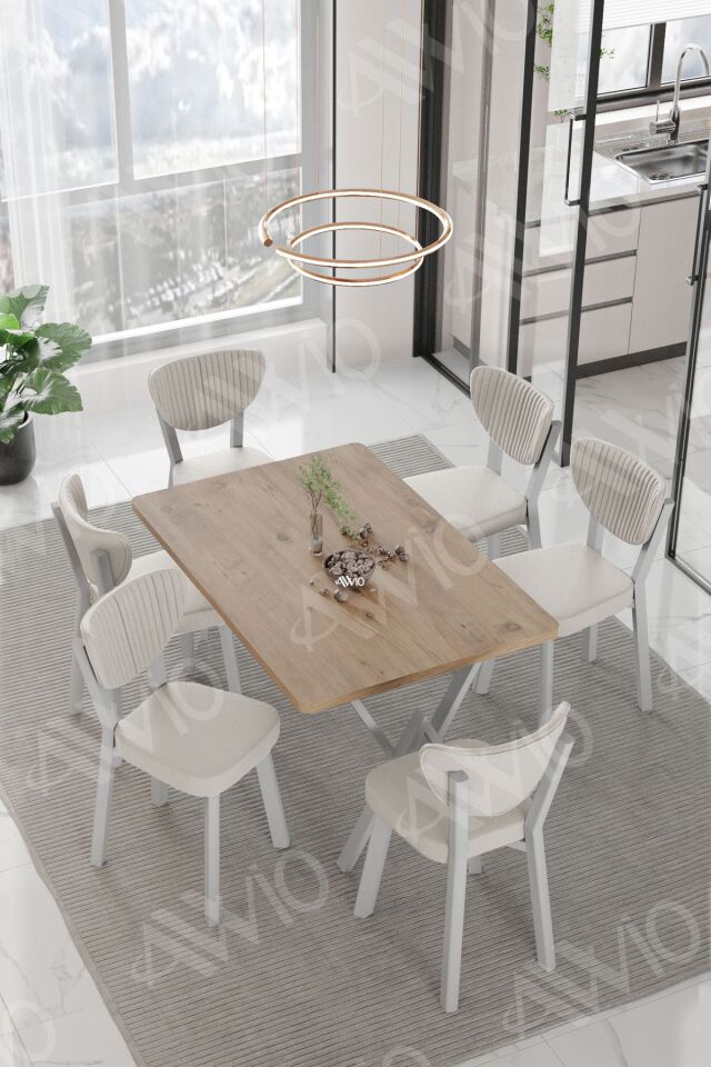 LİDYANA  ELMA Sandalye 80x140 Yemek Masası Mutfak Masası 6 Kişilik Masa Sandalye Takım