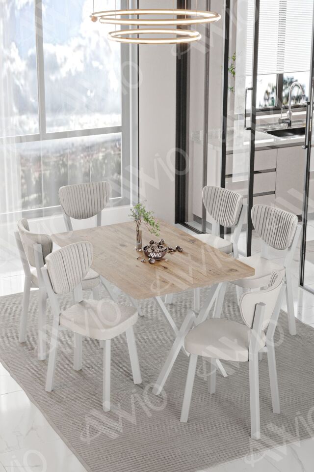LİDYANA  ELMA Sandalye 80x140 Yemek Masası Mutfak Masası 6 Kişilik Masa Sandalye Takım