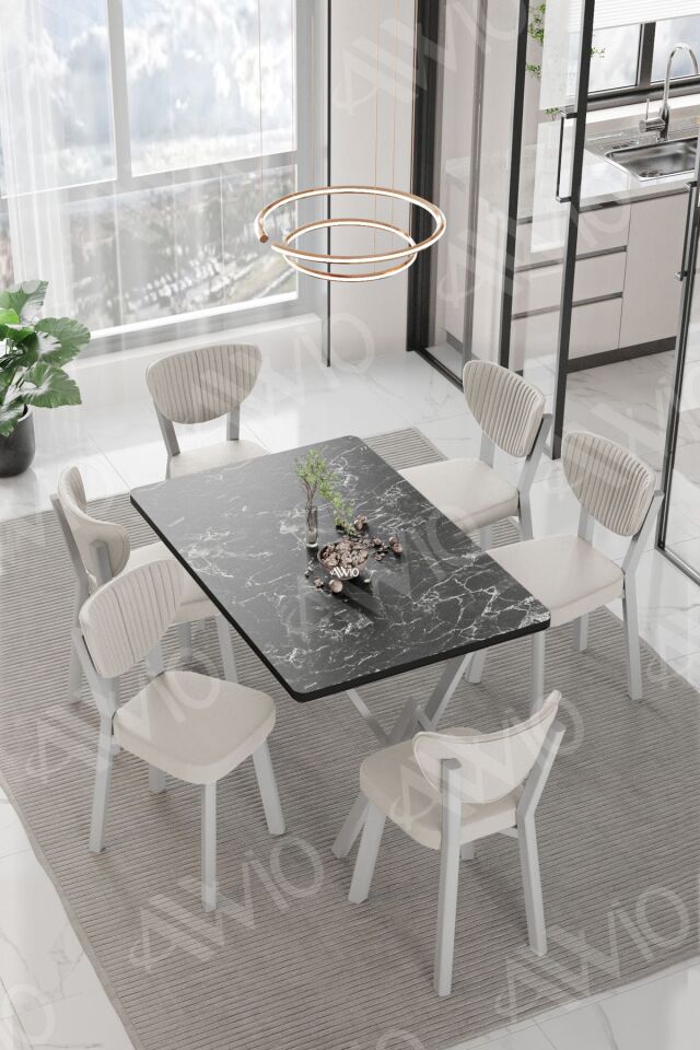 LİDYANA  ELMA Sandalye 80x140 Yemek Masası Mutfak Masası 6 Kişilik Masa Sandalye Takım