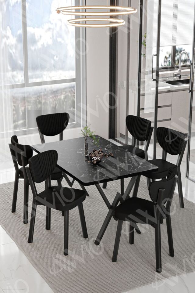 MİDA  ELMA Sandalye 80x140 Yemek Masası Mutfak Masası 6 Kişilik Masa Sandalye Takım
