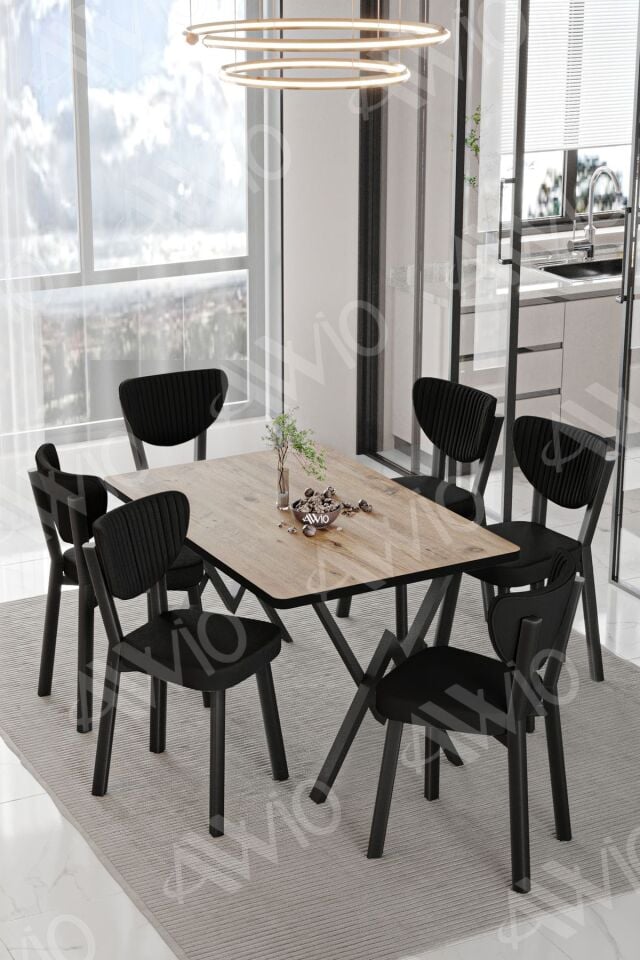 MİDA  ELMA Sandalye 80x140 Yemek Masası Mutfak Masası 6 Kişilik Masa Sandalye Takım