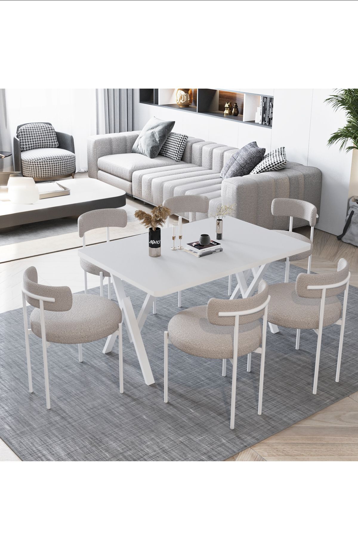 Larina Beyaz Teddy Sandalye 80x140 Yemek Masası Mutfak Masası 6 Kişilik Masa Sandalye Takımı