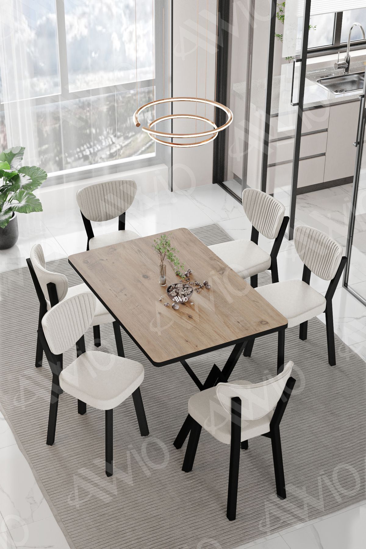 DORA  ELMA Sandalye 80x140 Yemek Masası Mutfak Masası 6 Kişilik Masa Sandalye Takım