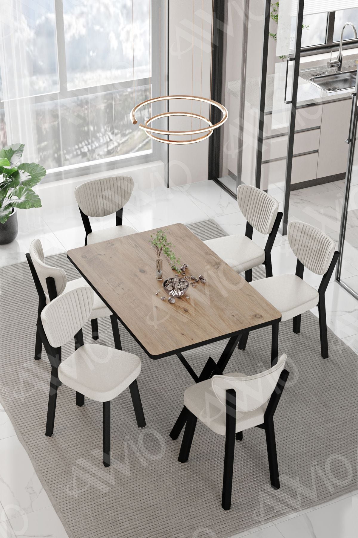 DORA  ELMA Sandalye 80x140 Yemek Masası Mutfak Masası 6 Kişilik Masa Sandalye Takım