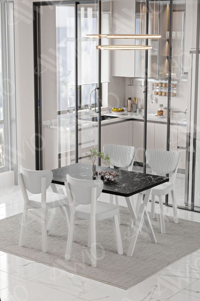 Parla Beyaz Elma Sandalye 80x120 Yemek Masası Mutfak Masası 4 Kişilik Masa Sandalye Takımı