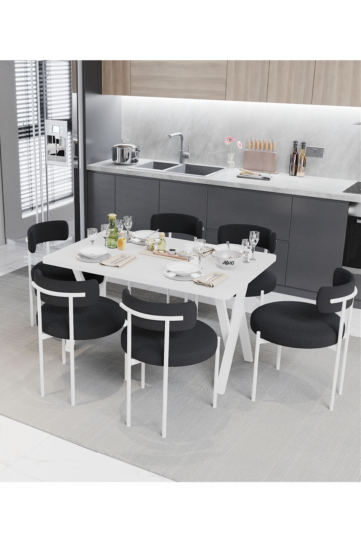 Larina Beyaz Teddy Sandalye 80x140 Yemek Masası Mutfak Masası 6 Kişilik Masa Sandalye Takımı