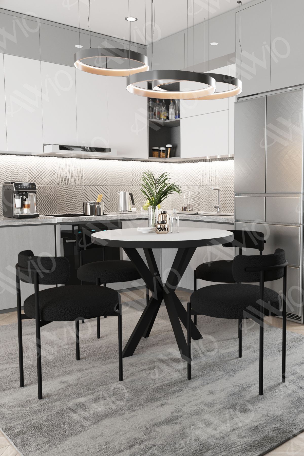 Larissa Teddy Sandalye 90x90 Yuvarlak Yemek Masası Mutfak Masası 4 Kişilik Masa Sandalye Takımı