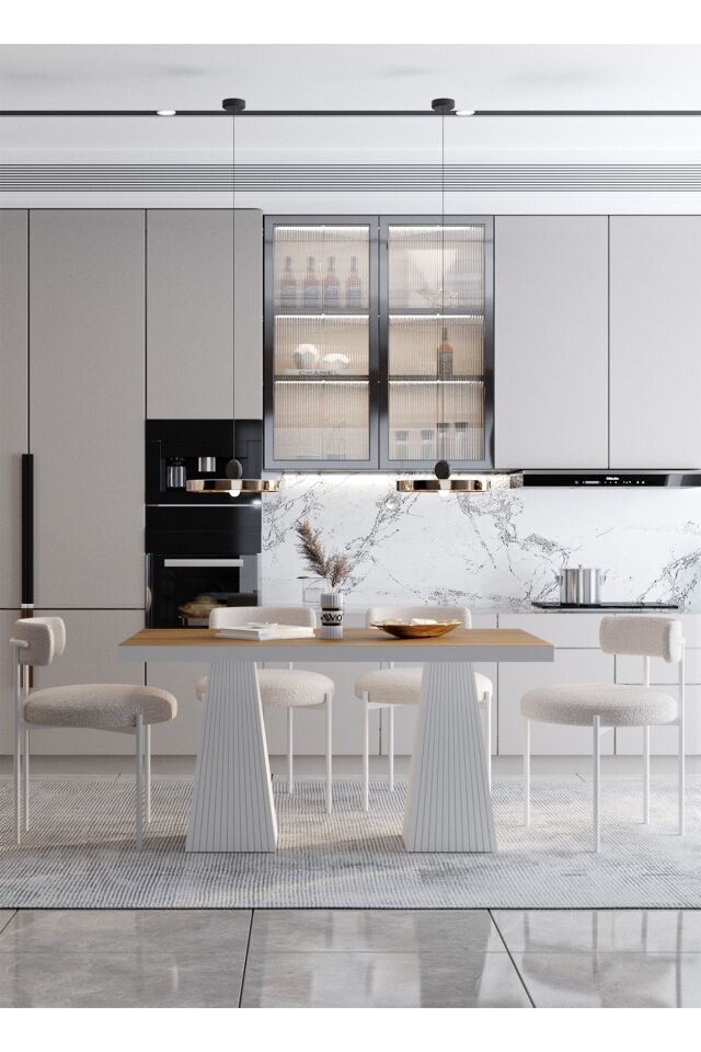 FİARE Lake MDF Ayak Teddy Sandalye 80x140 Yemek Masası Mutfak Masası 4 Kişilik Masa Sandalye Takım