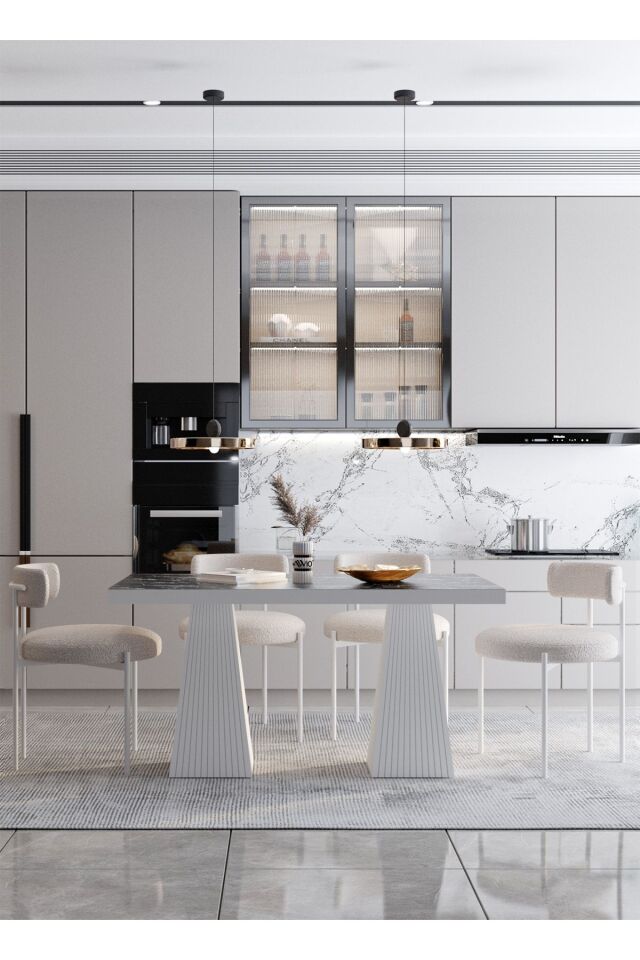 FİARE Lake MDF Ayak Teddy Sandalye 80x140 Yemek Masası Mutfak Masası 4 Kişilik Masa Sandalye Takım