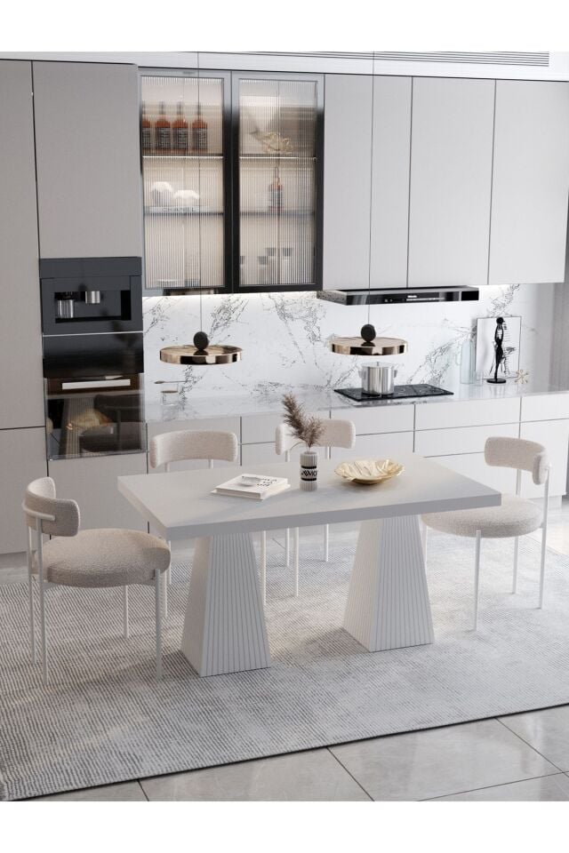 FİARE Lake MDF Ayak Teddy Sandalye 80x140 Yemek Masası Mutfak Masası 4 Kişilik Masa Sandalye Takım