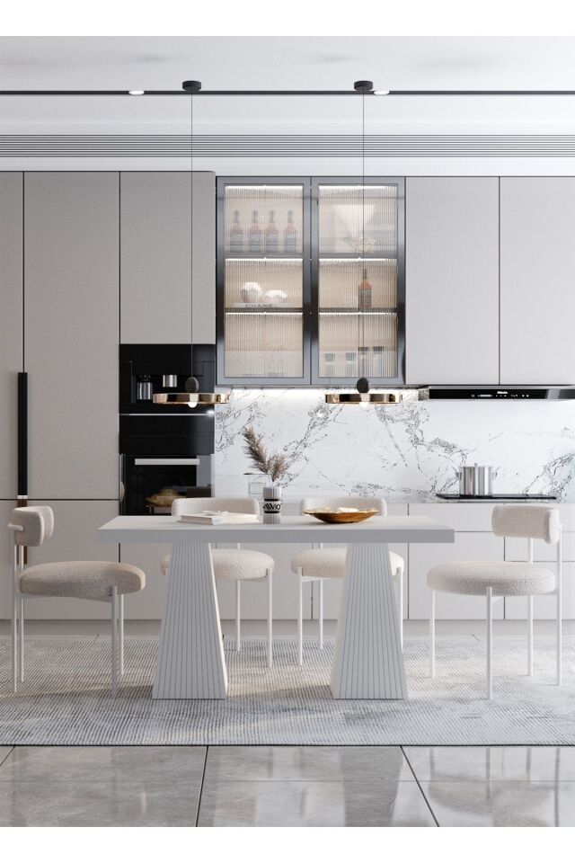 FİARE Lake MDF Ayak Teddy Sandalye 80x140 Yemek Masası Mutfak Masası 4 Kişilik Masa Sandalye Takım