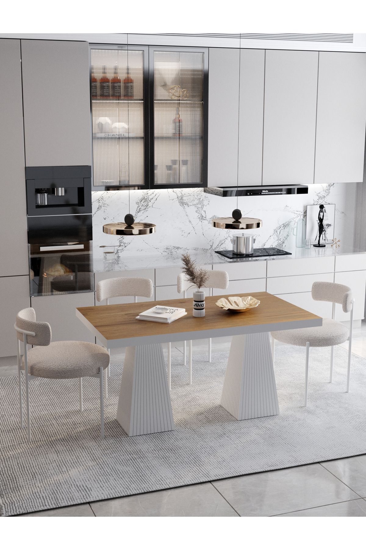 FİARE Lake MDF Ayak Teddy Sandalye 80x140 Yemek Masası Mutfak Masası 4 Kişilik Masa Sandalye Takım