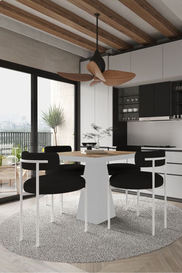 MİLENA  Beyaz Lake MDF Ayak  90x90 Yemek Masası Mutfak Masası 4 Kişilik Masa Takımı Teddy Sandalye