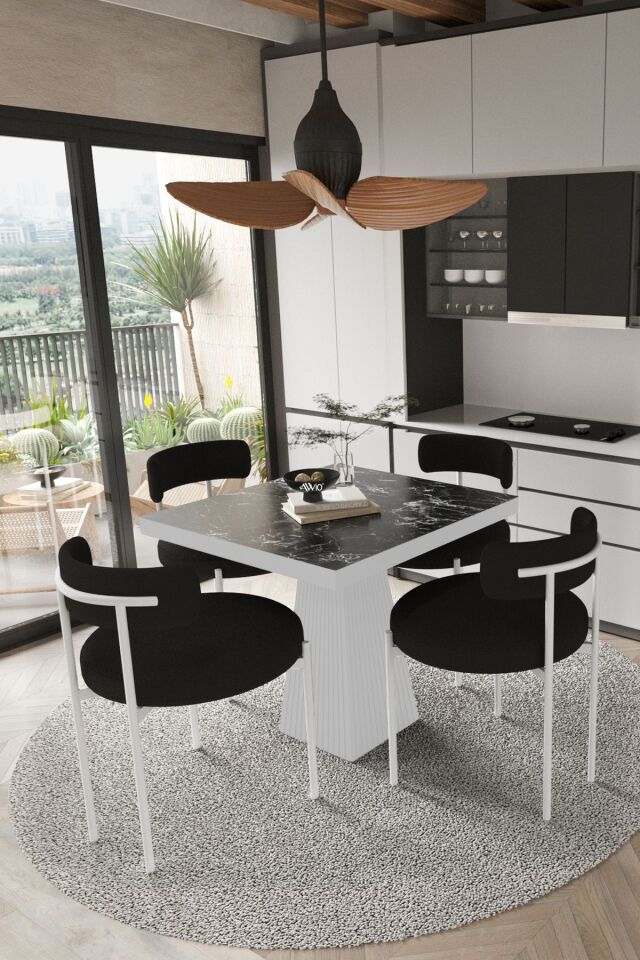 Milena Beyaz Lake MDF Ayak 90x90 Yemek Masası Mutfak Masası 4 Kişilik Masa Takımı Teddy Sandalye