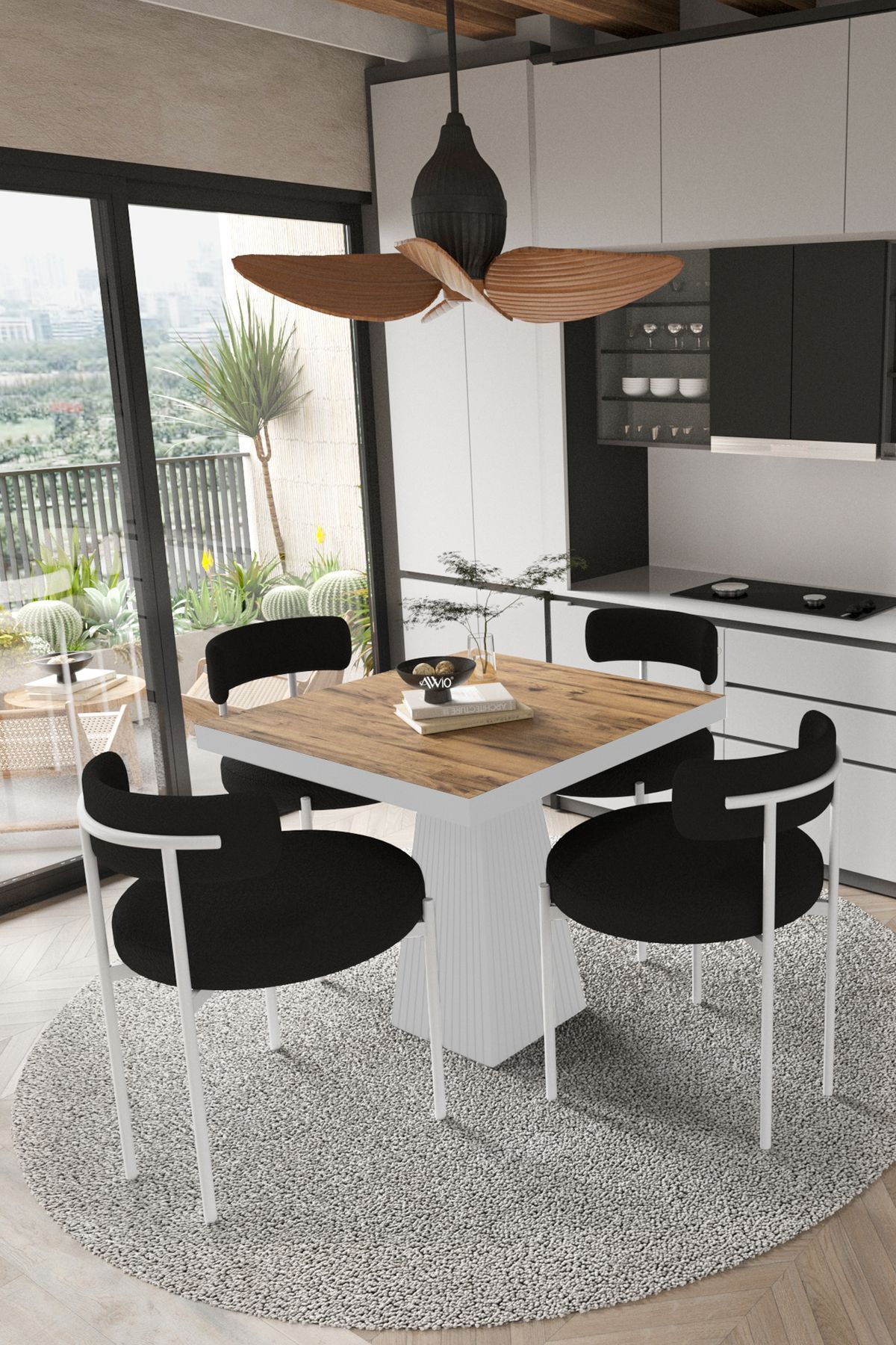 MİLENA  Beyaz Lake MDF Ayak  90x90 Yemek Masası Mutfak Masası 4 Kişilik Masa Takımı Teddy Sandalye