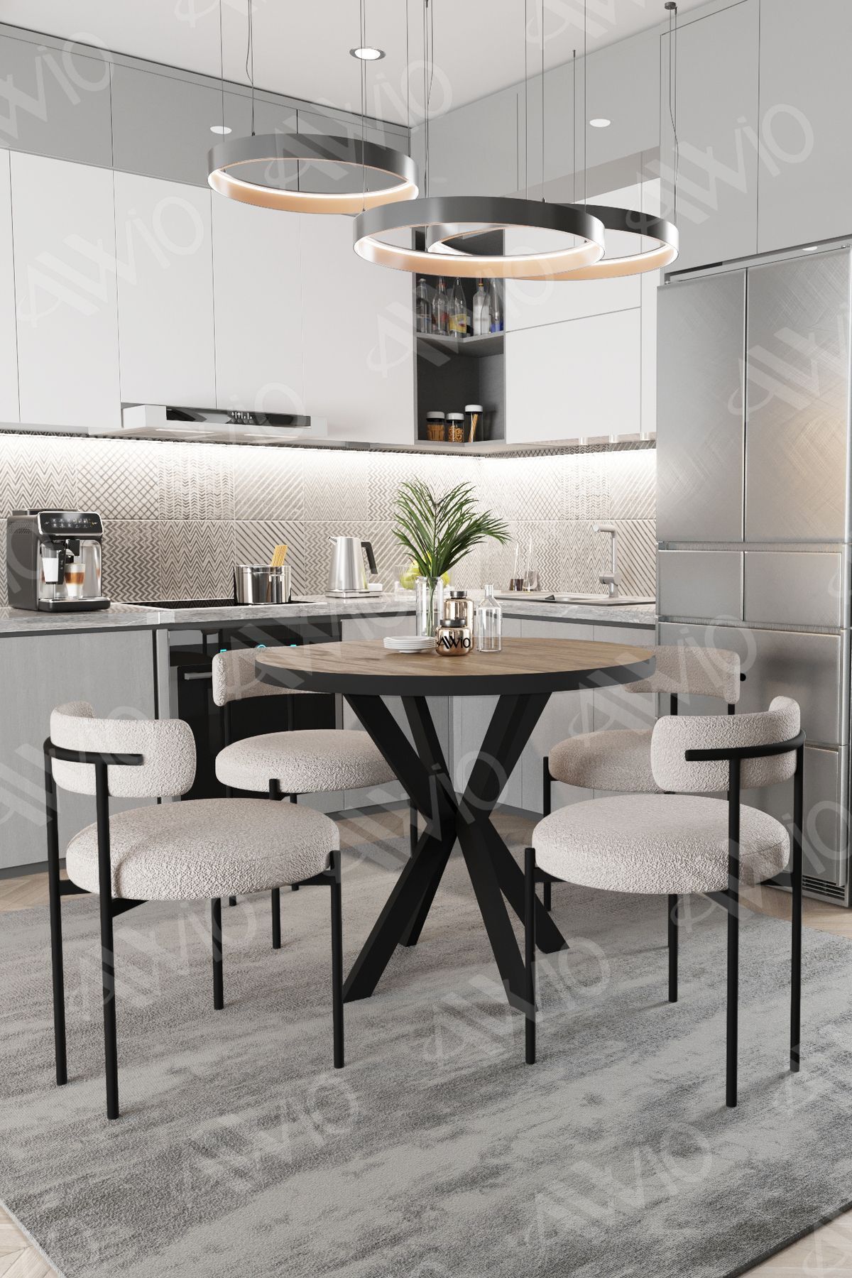 Lonya Teddy Sandalye 90x90 Yuvarlak Yemek Masası Mutfak Masası 4 Kişilik Masa Sandalye Takımı