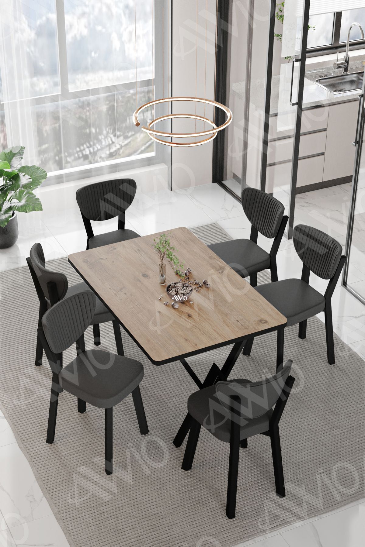 VİNA ELMA Sandalye 80x140 Yemek Masası Mutfak Masası 6 Kişilik Masa Sandalye Takım