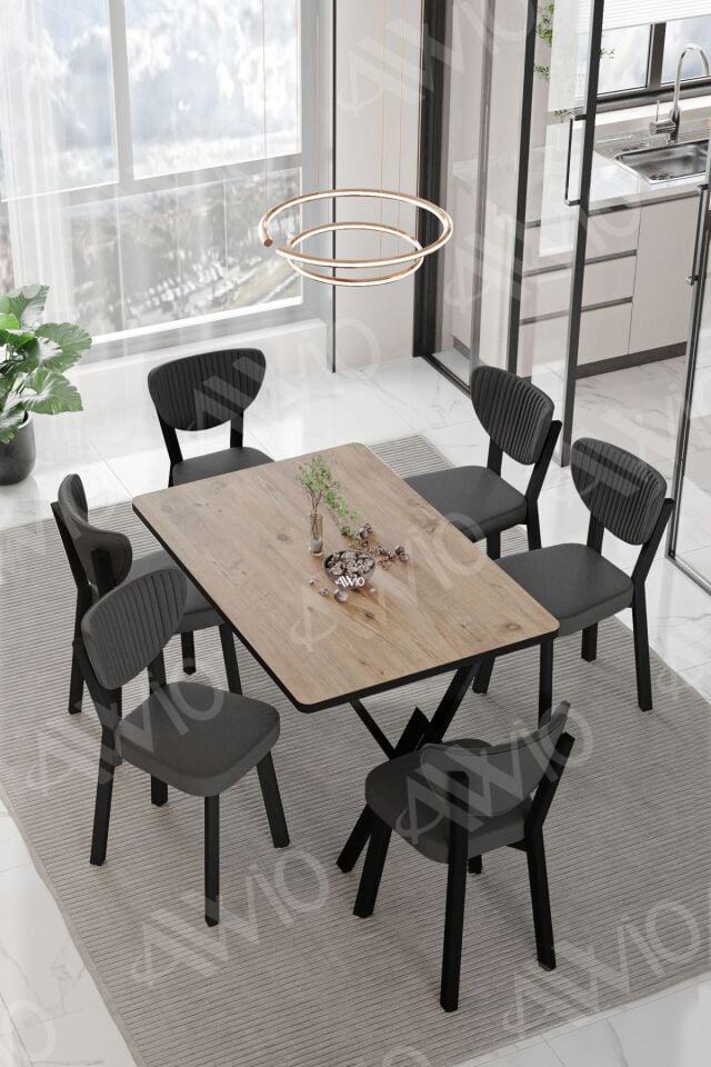 VİNA ELMA Sandalye 80x140 Yemek Masası Mutfak Masası 6 Kişilik Masa Sandalye Takım