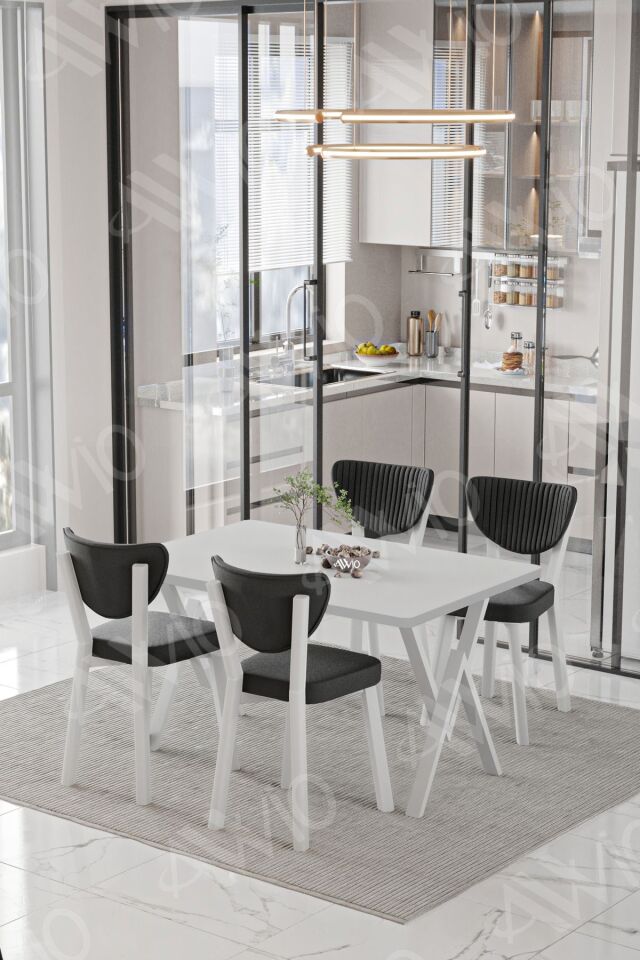 Beyaz Elma Sandalye 80x120 Yemek Masası Mutfak Masası 4 Kişilik Masa Sandalye Takımı